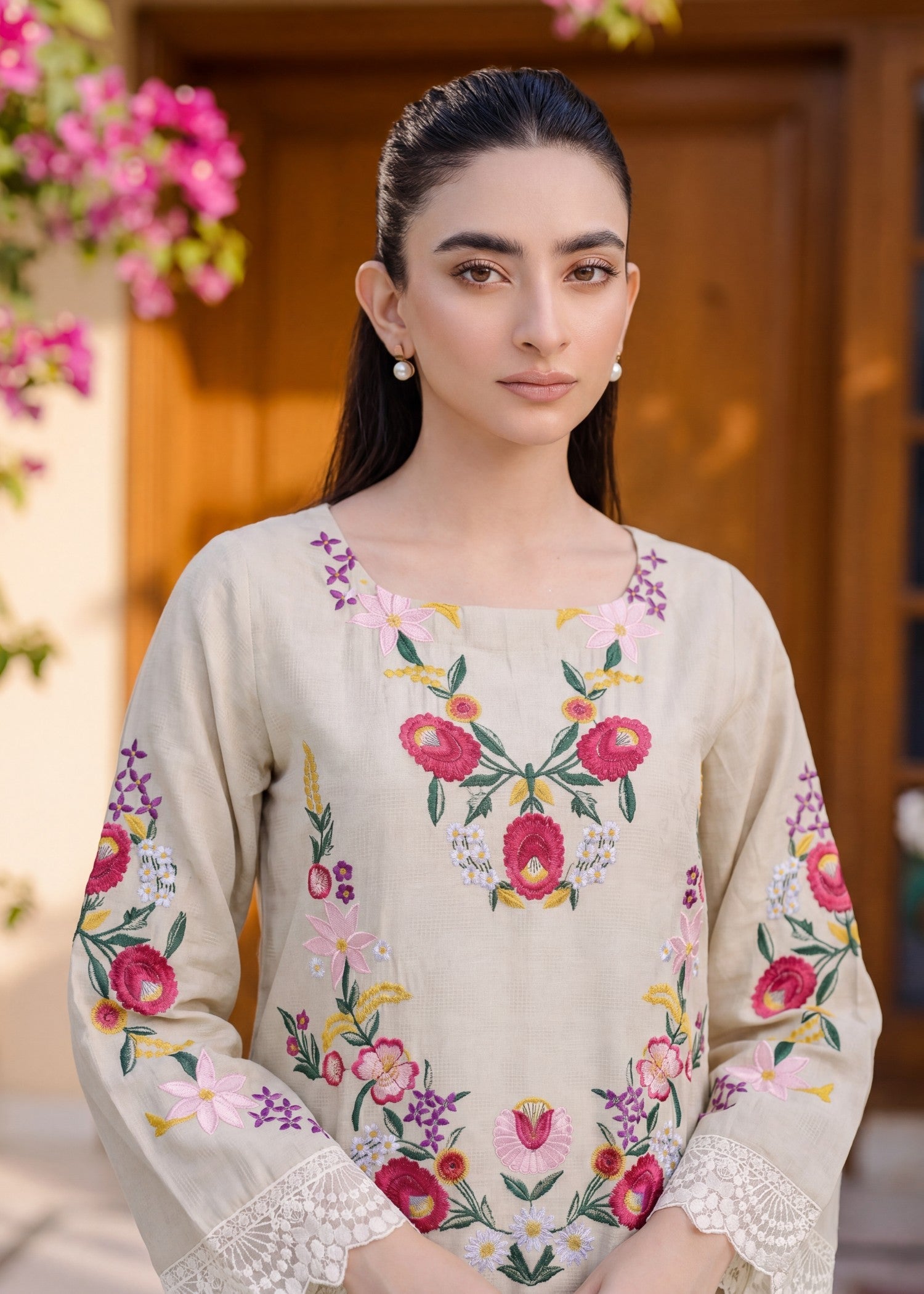 Pakistani Designer Beige Lawn Salwar Kameez Online in KSA Riyadh Saudi Arabia Oman Bahrain Qatar