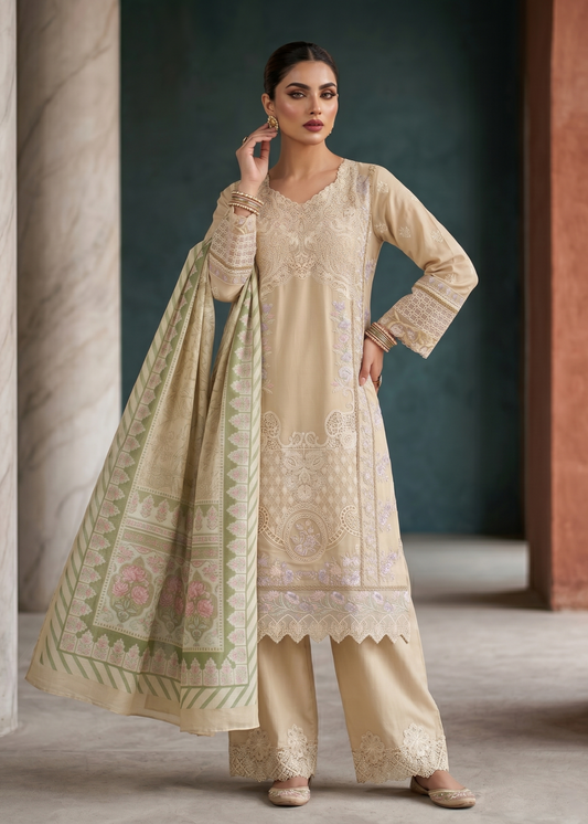 Pakistani Designer Beige Lawn Salwar Kameez Online in KSA Riyadh Saudi Arabia Oman Bahrain Qatar