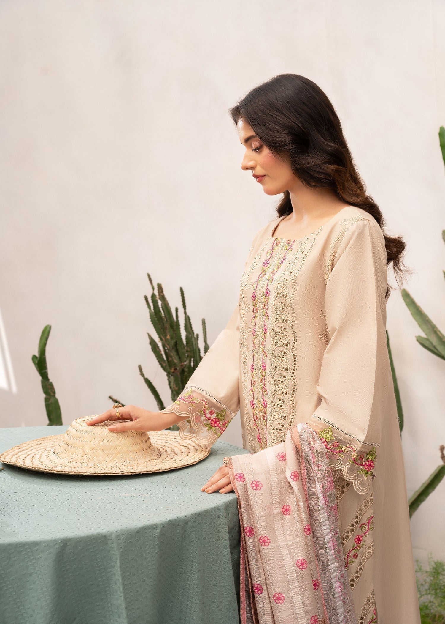 Pakistani Designer Beige Lawn Salwar Kameez Online in KSA Riyadh Saudi Arabia Oman Bahrain Qatar
