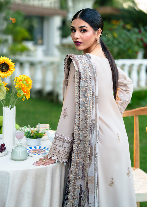 Pakistani Designer Beige Lawn Salwar Kameez Online in KSA Riyadh Saudi Arabia Oman Bahrain Qatar