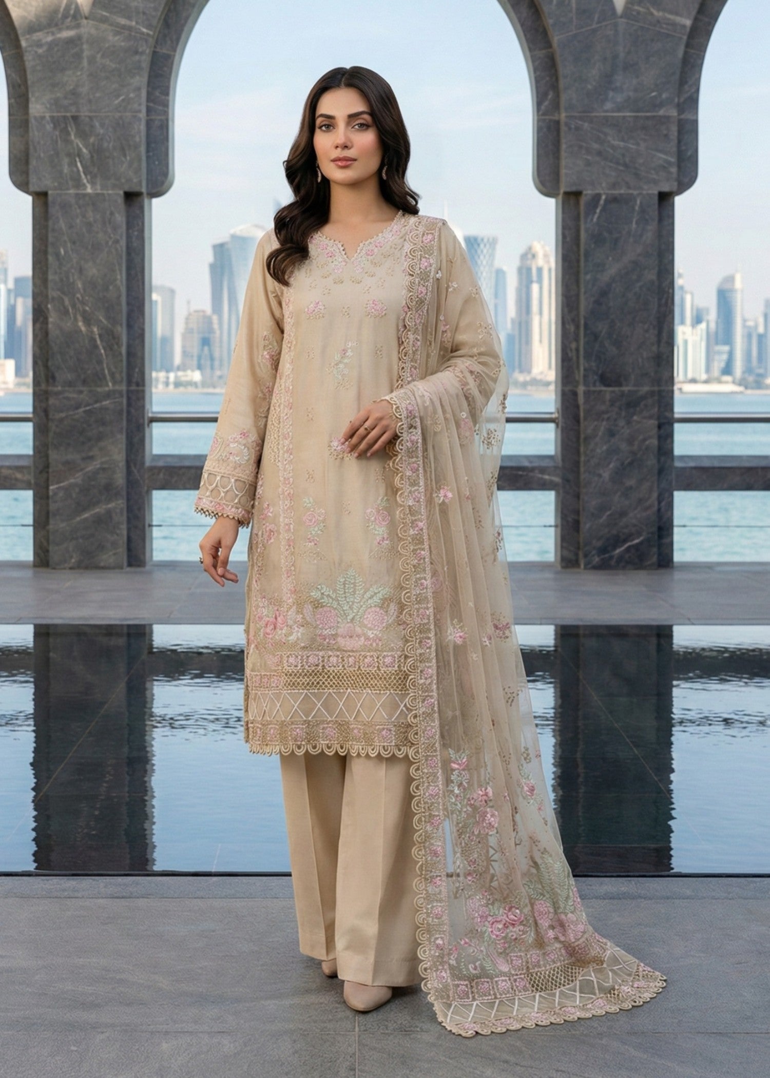 Pakistani Designer Beige Lawn Salwar Kameez Online in KSA Riyadh Saudi Arabia Oman Bahrain Qatar
