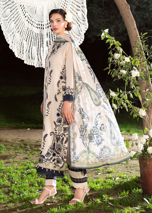 Pakistani Designer Beige Lawn Salwar Kameez Online in KSA Riyadh Saudi Arabia Oman Bahrain Qatar