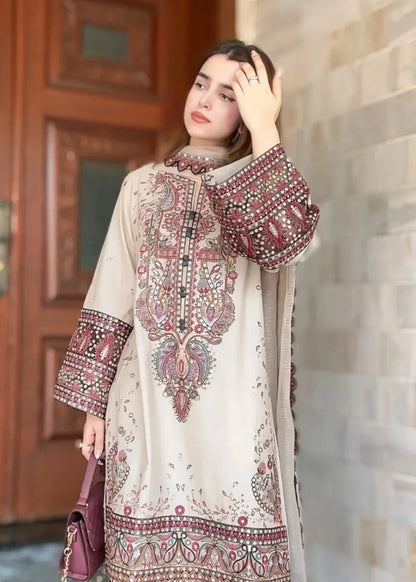 Pakistani Designer Beige Lawn Suit Online in KSA Riyadh Saudi Arabia Oman Bahrain Qatar
