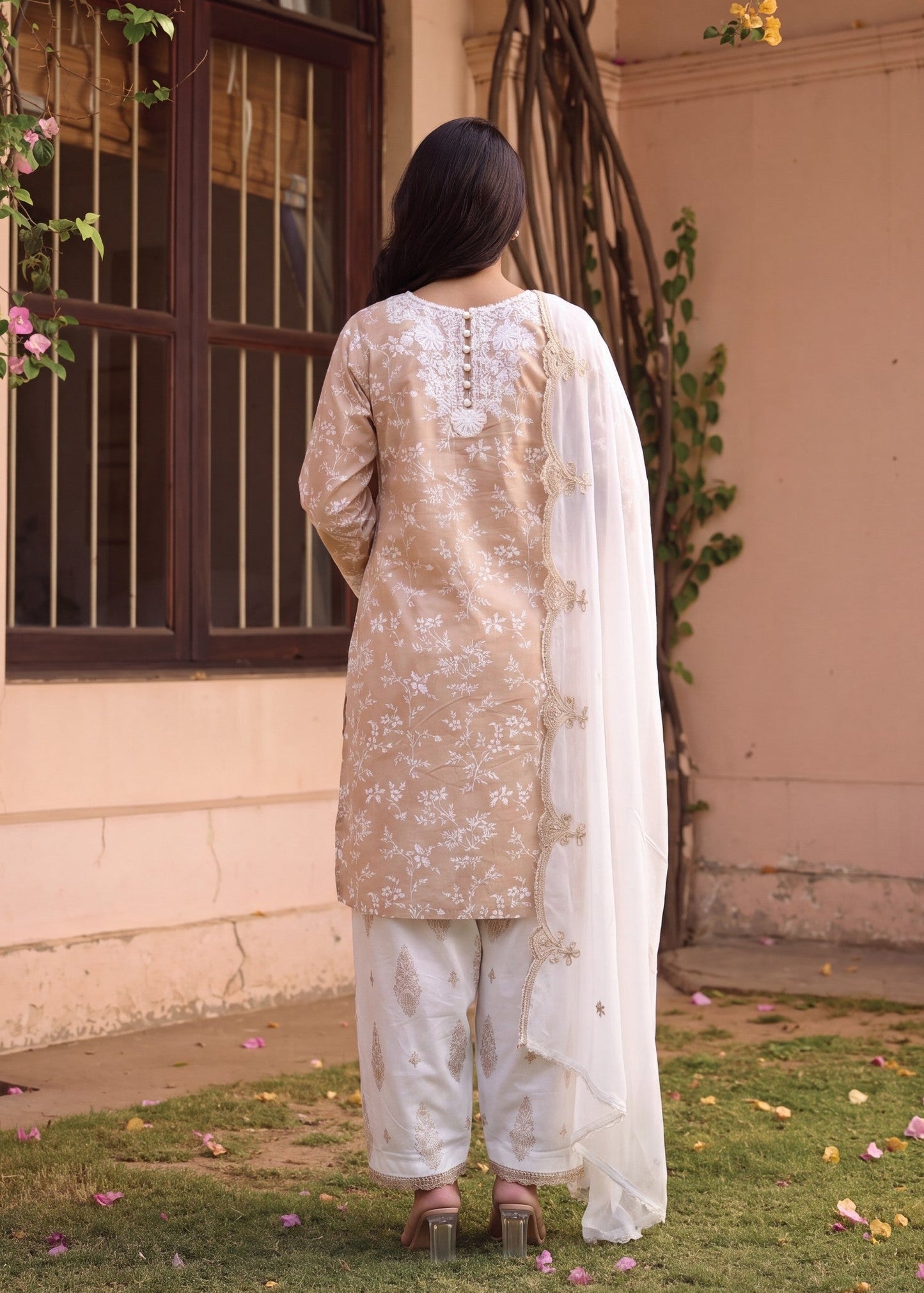Pakistani Designer Beige Lawn Suit Online in KSA Riyadh Saudi Arabia Oman Bahrain Qatar