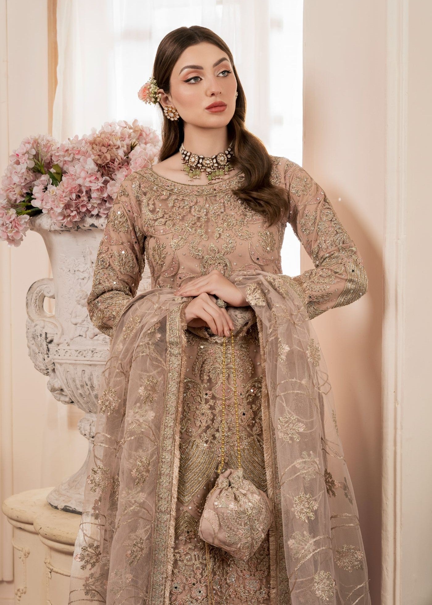 Pakistani Designer Beige Net Gharara Suit Online in KSA Riyadh Saudi Arabia Oman Bahrain Qatar