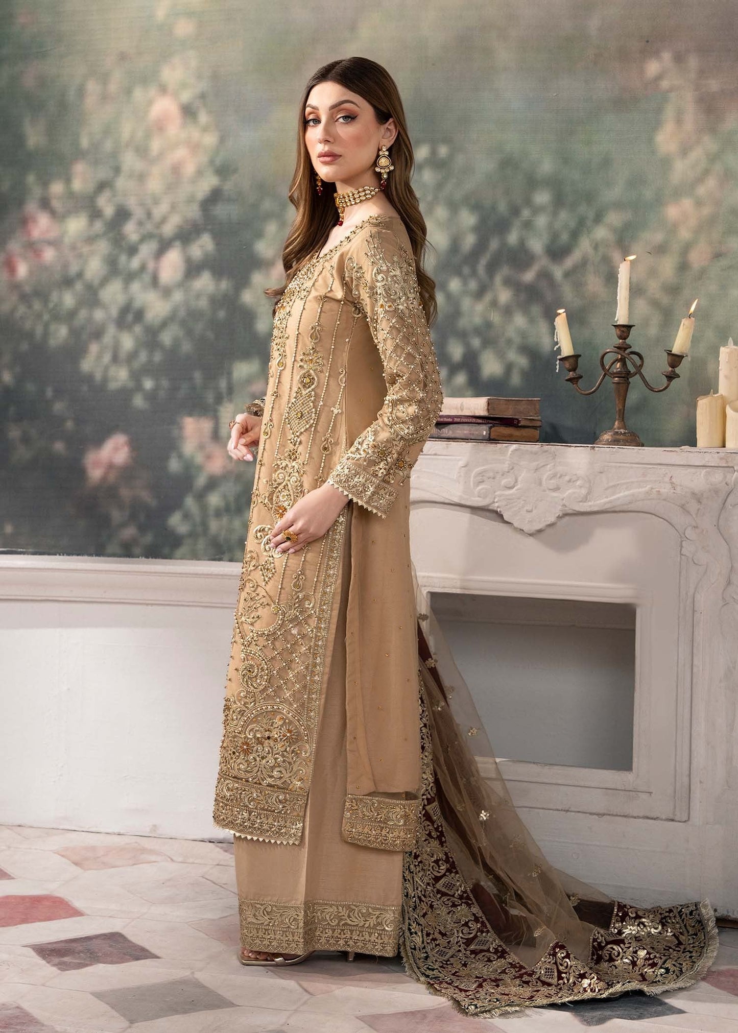 Pakistani Designer Beige Net Salwar Kameez Online in KSA Riyadh Saudi Arabia Oman Bahrain Qatar