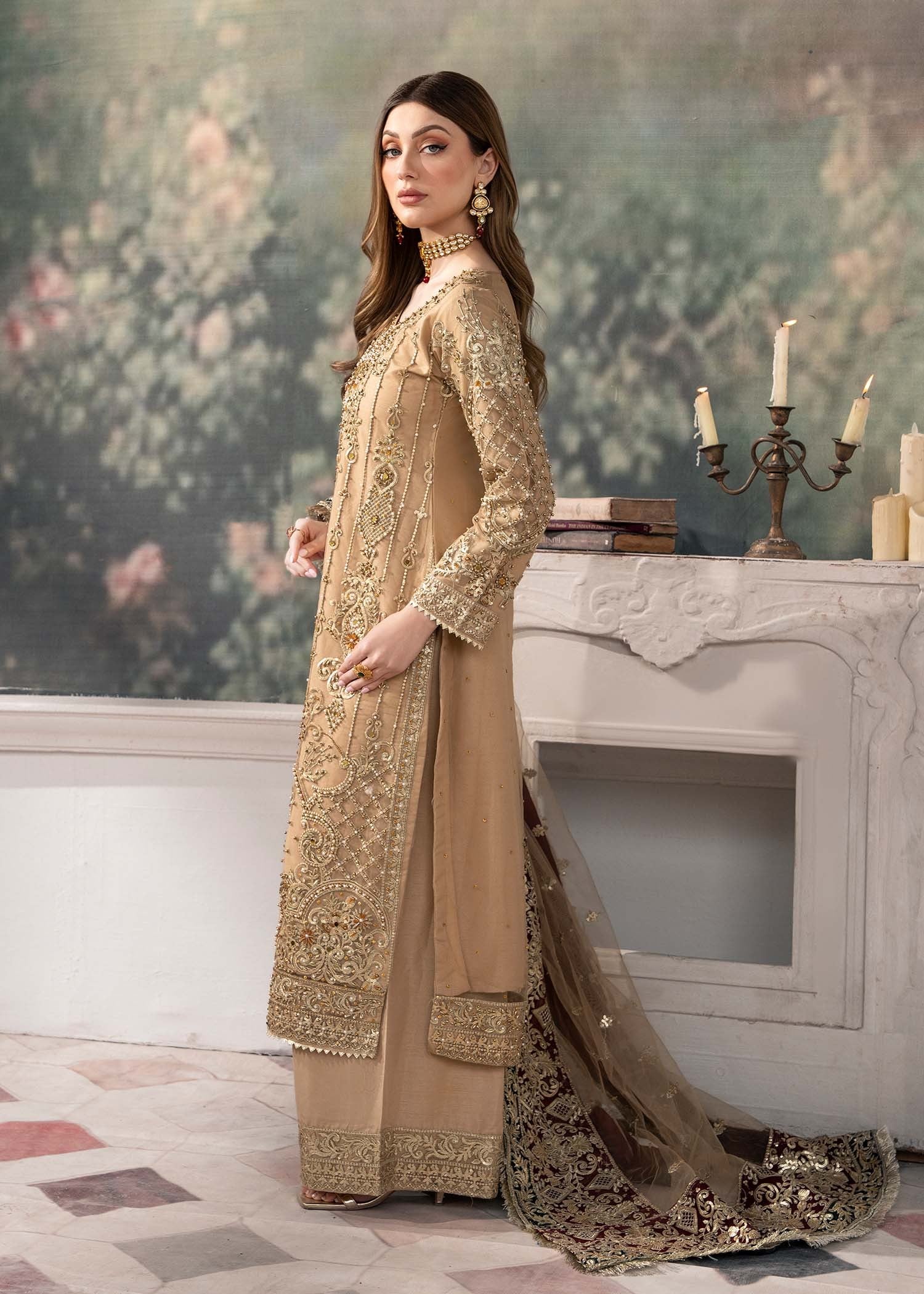 Pakistani Designer Beige Net Salwar Kameez Online in KSA Riyadh Saudi Arabia Oman Bahrain Qatar