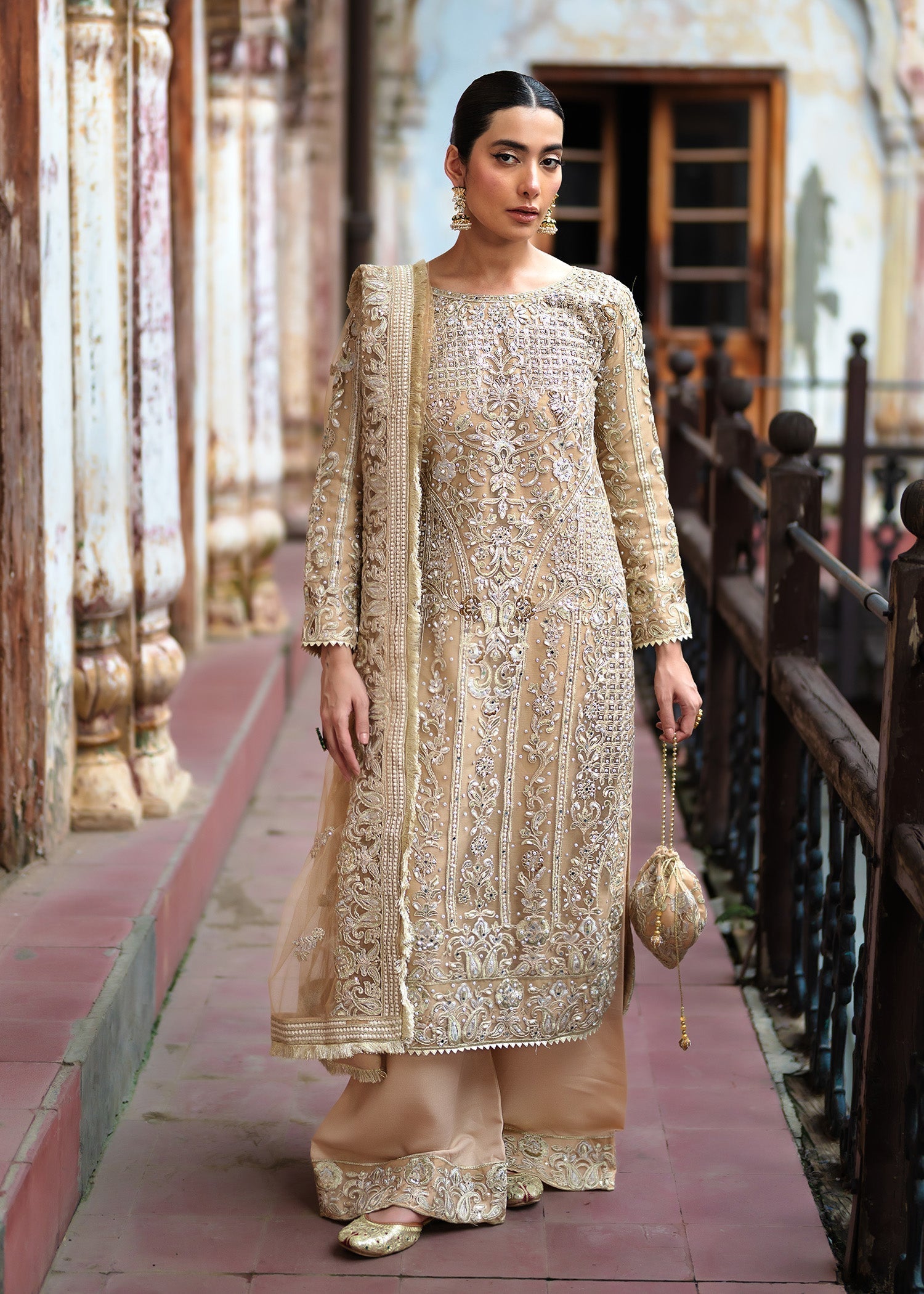 Pakistani Designer Beige Net Salwar Kameez Online in KSA Riyadh Saudi Arabia Oman Bahrain Qatar