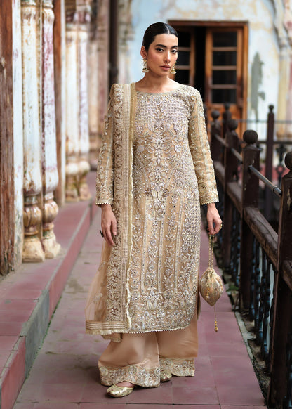 Pakistani Designer Beige Net Salwar Kameez Online in KSA Riyadh Saudi Arabia Oman Bahrain Qatar