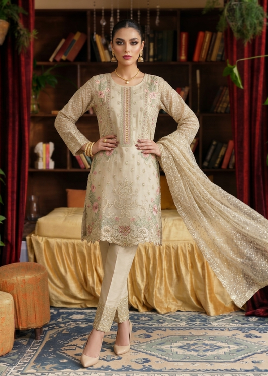 Pakistani Designer Beige Organza Salwar Kameez Online in KSA Riyadh Saudi Arabia Oman Bahrain Qatar