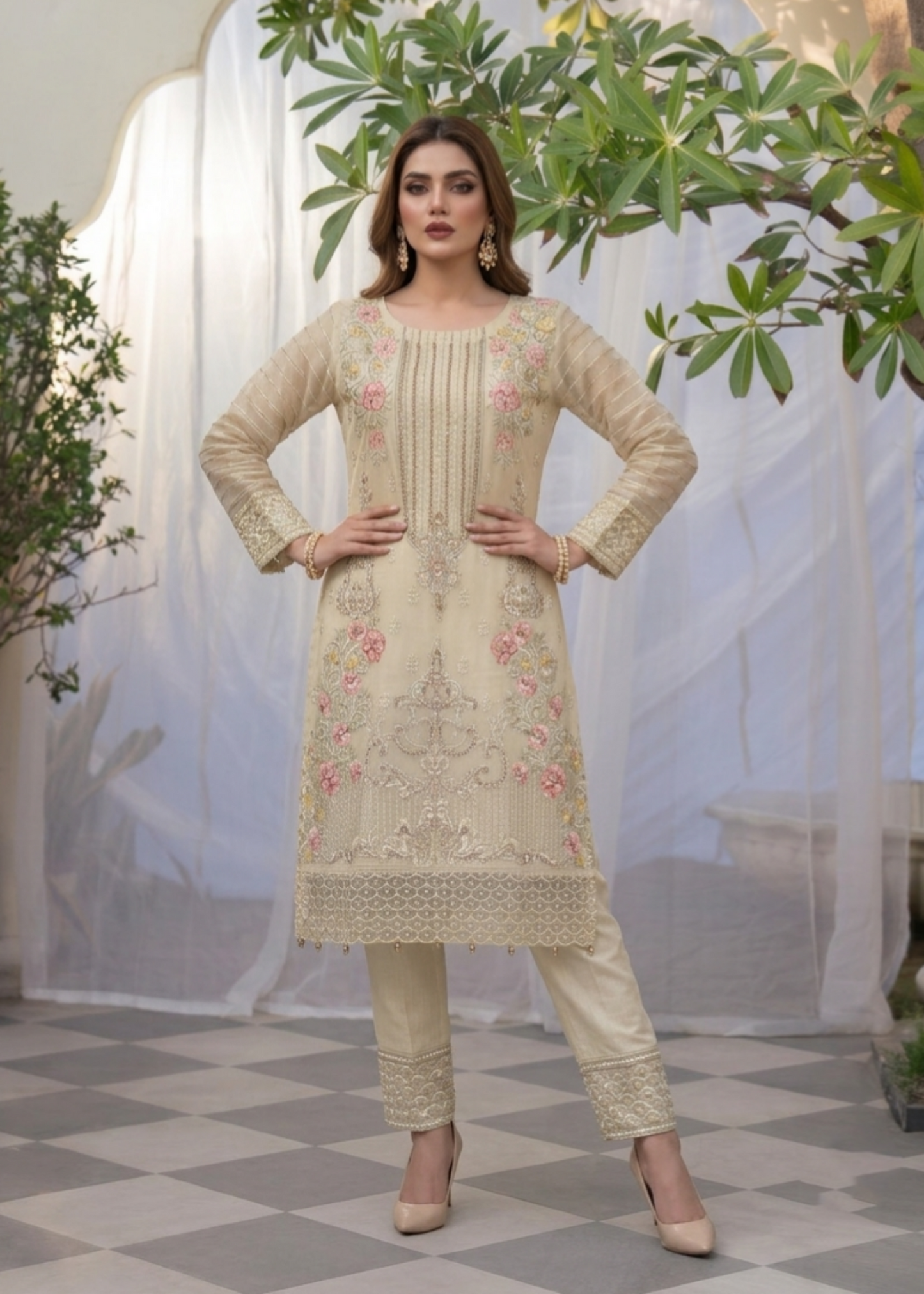 Pakistani Designer Beige Organza Salwar Suit Online in KSA Riyadh Saudi Arabia Oman Bahrain Qatar