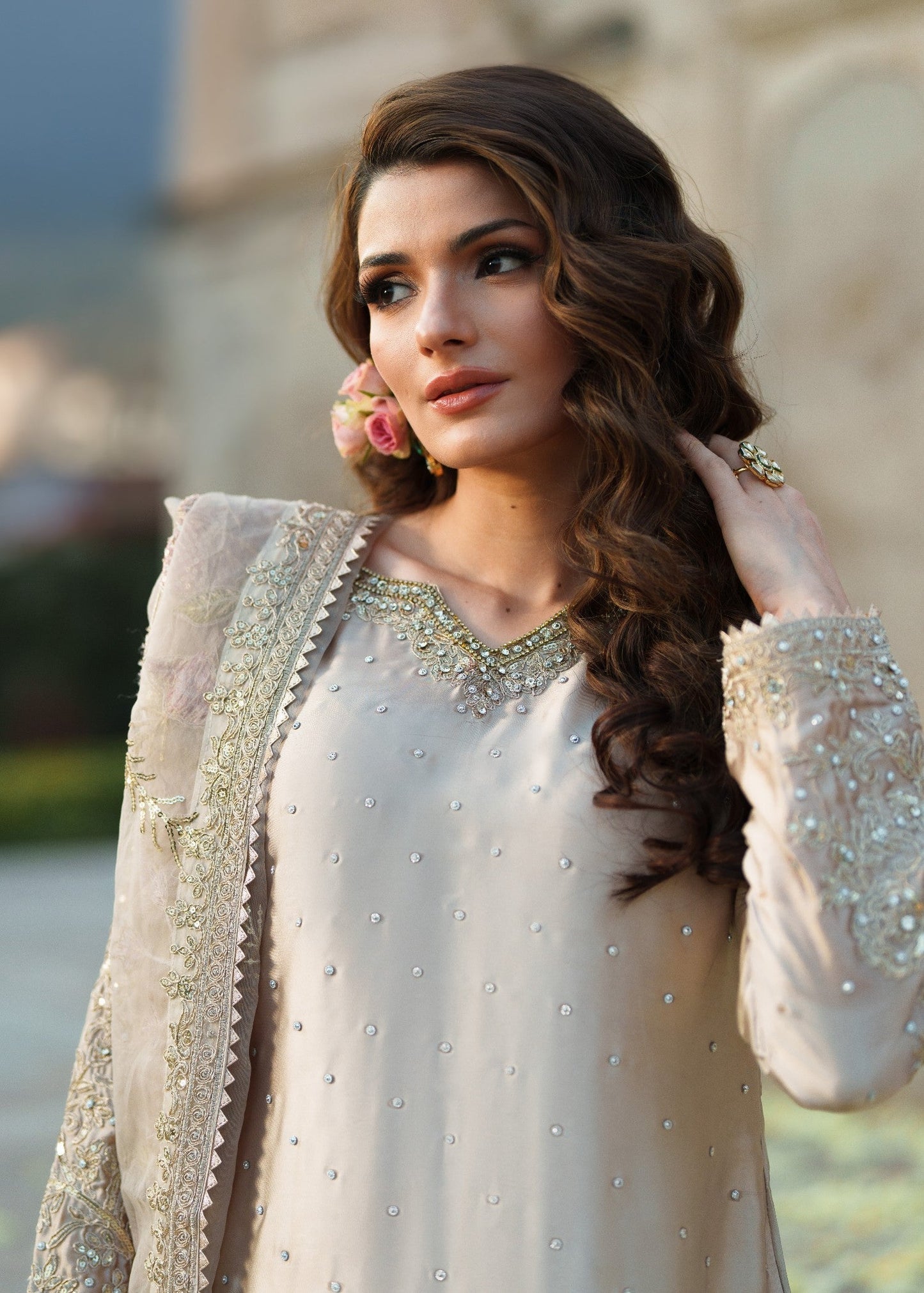 Pakistani Designer Beige Organza Silk Suit Online in KSA Riyadh Saudi Arabia Oman Bahrain Qatar
