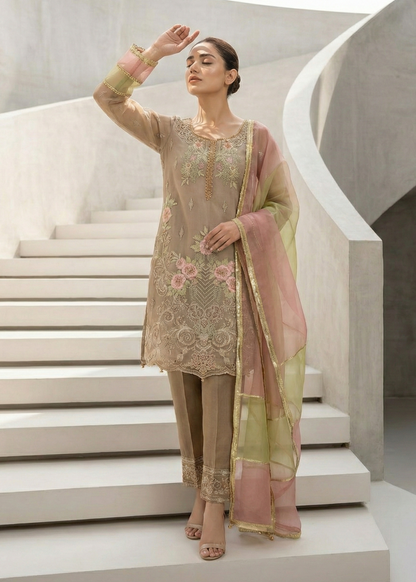 Pakistani Designer Beige Organza Suit Online in KSA Riyadh Saudi Arabia Oman Bahrain Qatar