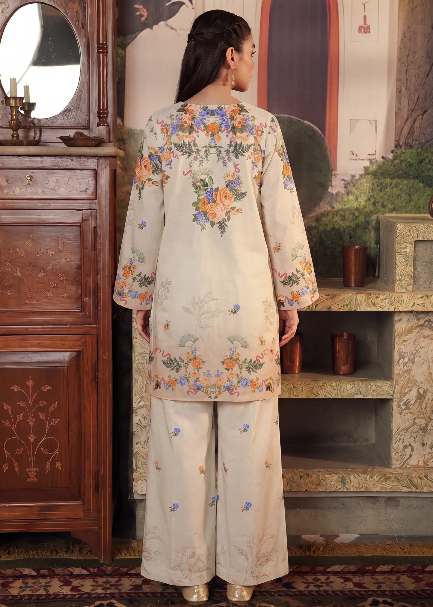 Pakistani Designer Beige Printed Lawn Suit Online in KSA Riyadh Saudi Arabia Oman Bahrain Qatar
