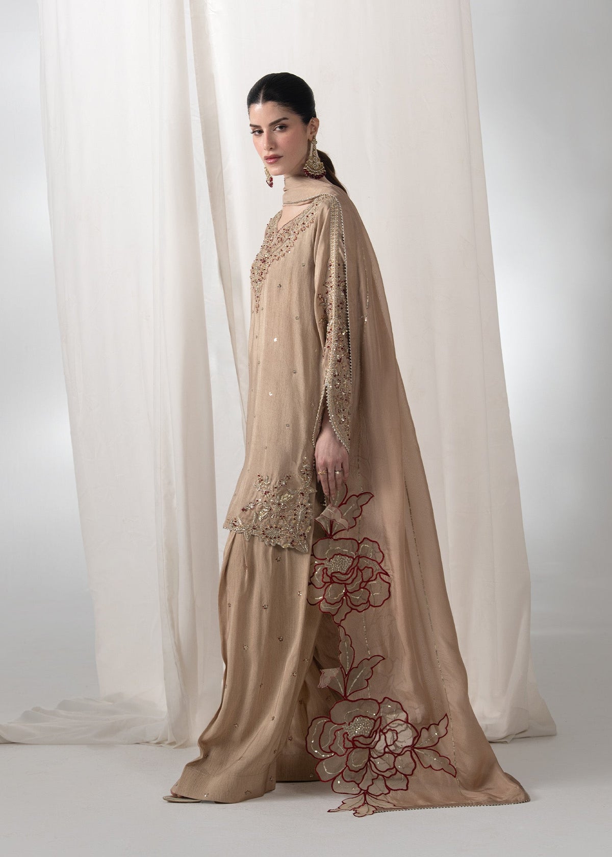Pakistani Designer Beige Raw Silk Salwar Kameez Online in KSA Riyadh Saudi Arabia Oman Bahrain Qatar