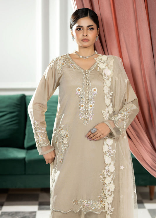 Pakistani Designer Beige Silk Embroidered Salwar Kameez Online in KSA Riyadh Saudi Arabia Oman Bahrain Qatar