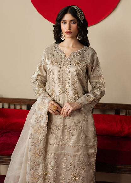 Pakistani Designer Beige Silk Suit Online in KSA Riyadh Saudi Arabia Oman Bahrain Qatar