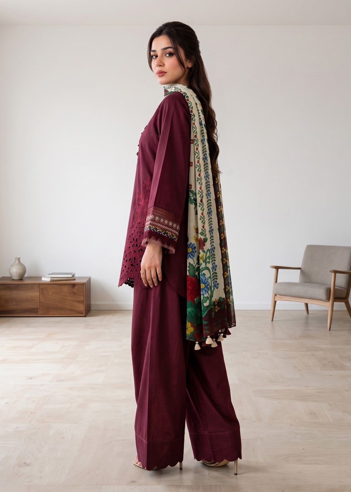 Pakistani Designer Berry Red Lawn Cotton Salwar Kameez Online in KSA Riyadh Saudi Arabia Oman Bahrain Qatar