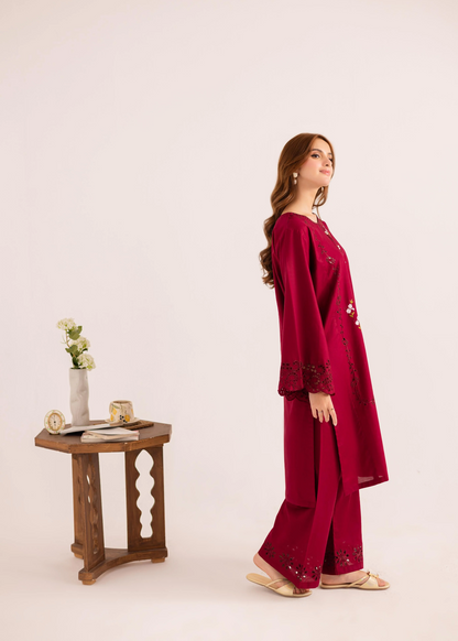 Pakistani Designer Berry Red Lawn Kurta Set Online in KSA Riyadh Saudi Arabia Oman Bahrain Qatar