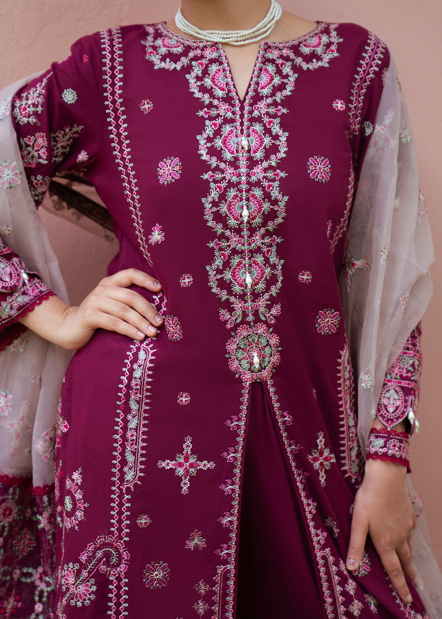 Pakistani Designer Berry Red Lawn Suit Online in KSA Riyadh Saudi Arabia Oman Bahrain Qatar