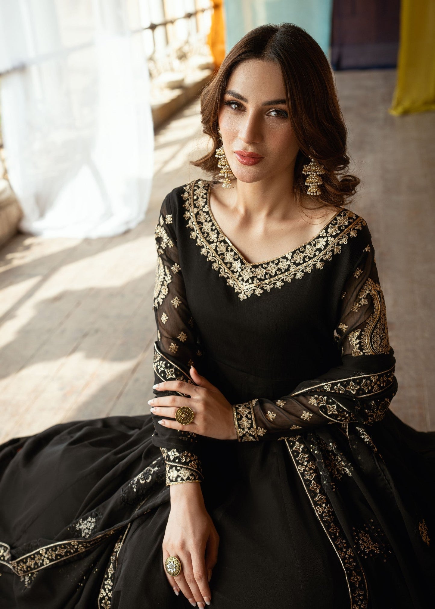 Pakistani Designer Black Chiffon Embroidered Pishwas Online in KSA Riyadh Saudi Arabia Oman Bahrain Qatar