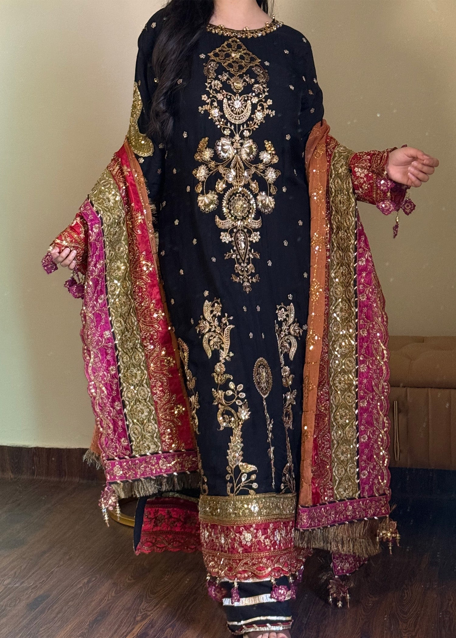 Pakistani Designer Black Chiffon Embroidered Salwar Kameez Online in KSA Riyadh Saudi Arabia Oman Bahrain Qatar