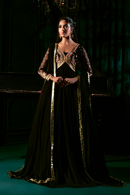 Pakistani Designer Black Chiffon Embroidered Salwar Kameez Online in KSA Riyadh Saudi Arabia Oman Bahrain Qatar
