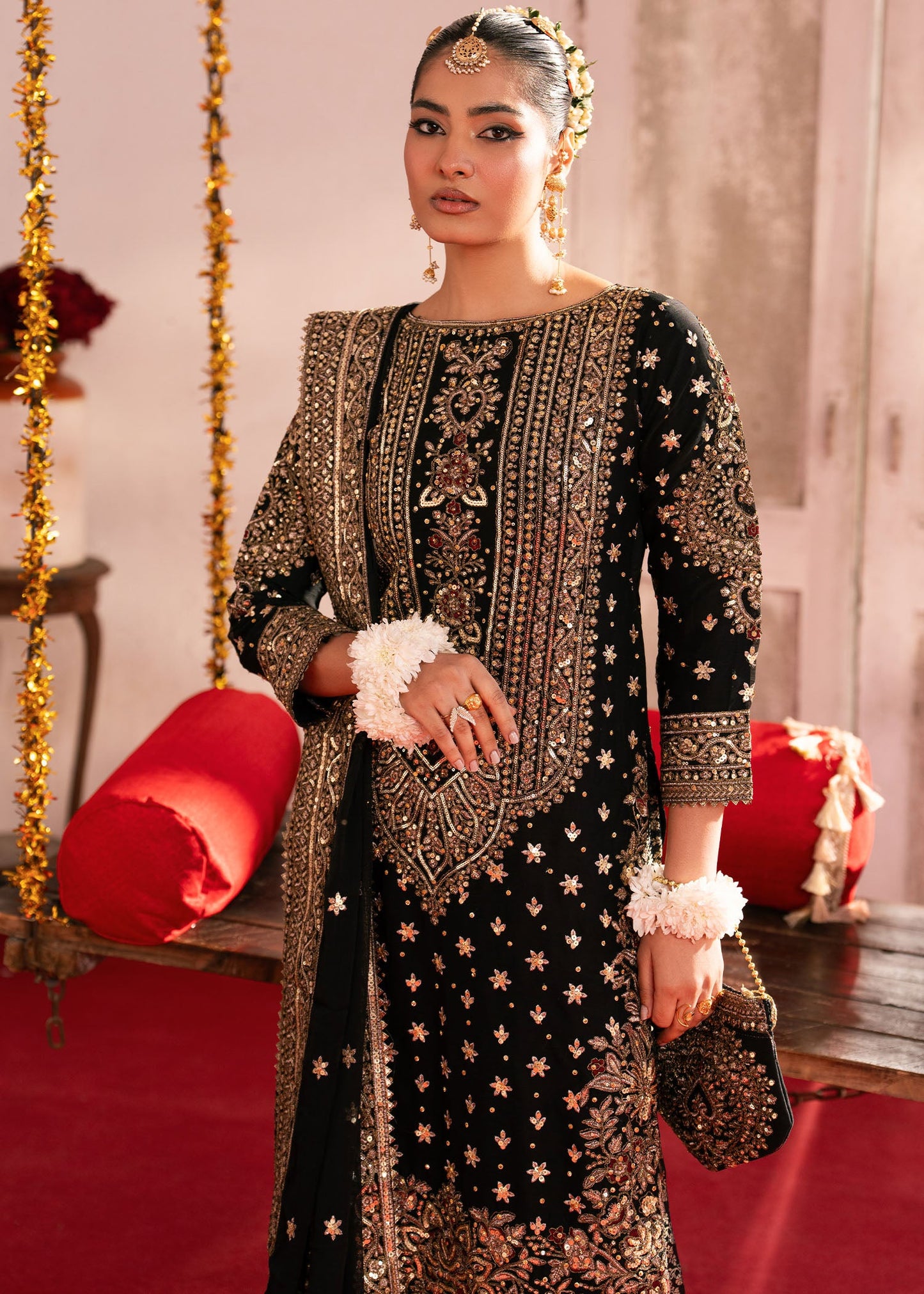 Pakistani Designer Black Chiffon Embroidered Salwar Kameez Online in KSA Riyadh Saudi Arabia Oman Bahrain Qatar