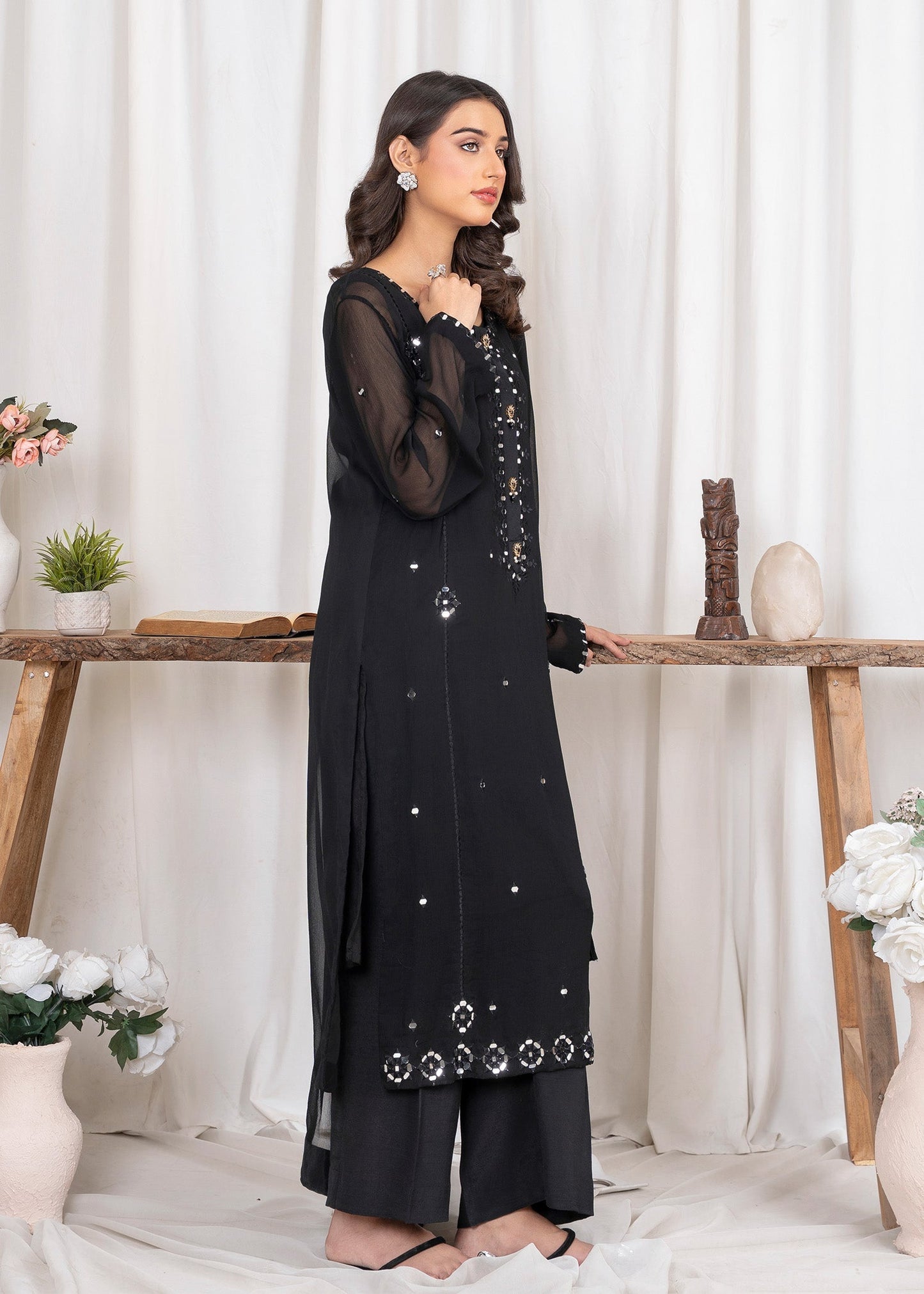 Pakistani Designer Black Chiffon Embroidered Salwar Kameez Online in KSA Riyadh Saudi Arabia Oman Bahrain Qatar