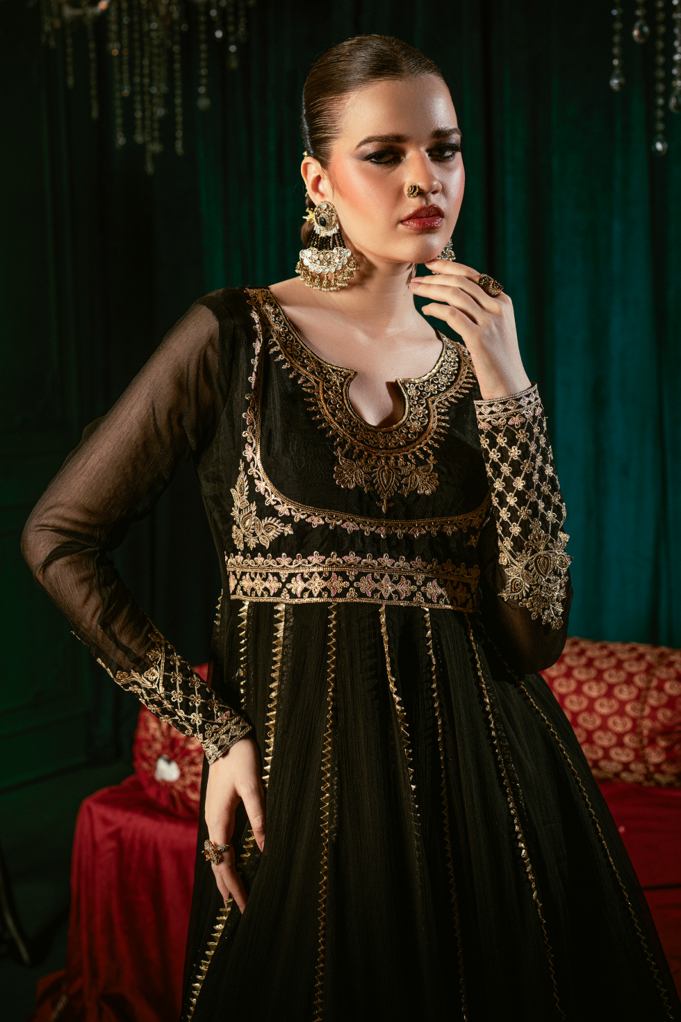 Pakistani Designer Black Chiffon Embroidered Salwar Kameez Online in KSA Riyadh Saudi Arabia Oman Bahrain Qatar