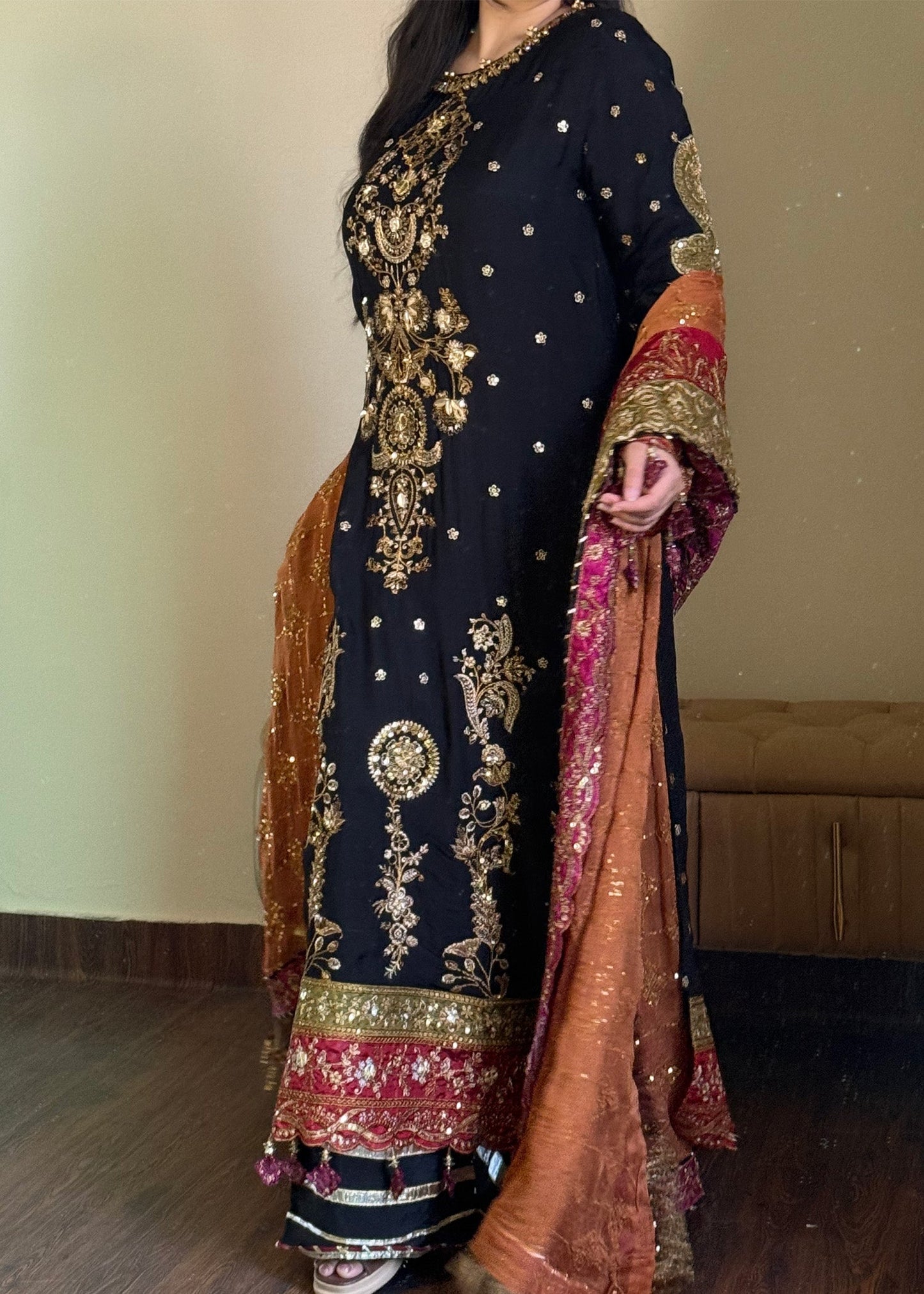 Pakistani Designer Black Chiffon Embroidered Salwar Kameez Online in KSA Riyadh Saudi Arabia Oman Bahrain Qatar
