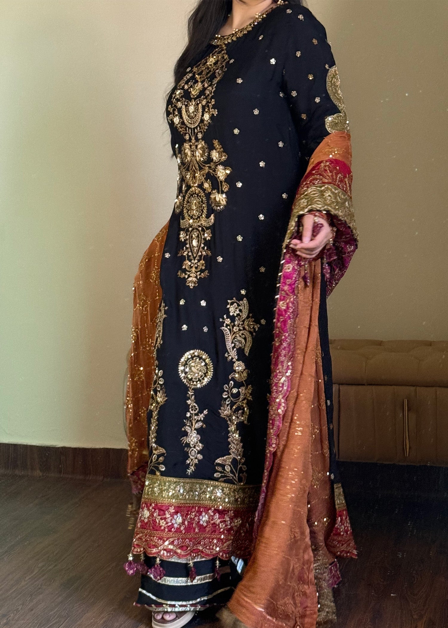 Pakistani Designer Black Chiffon Embroidered Salwar Kameez Online in KSA Riyadh Saudi Arabia Oman Bahrain Qatar