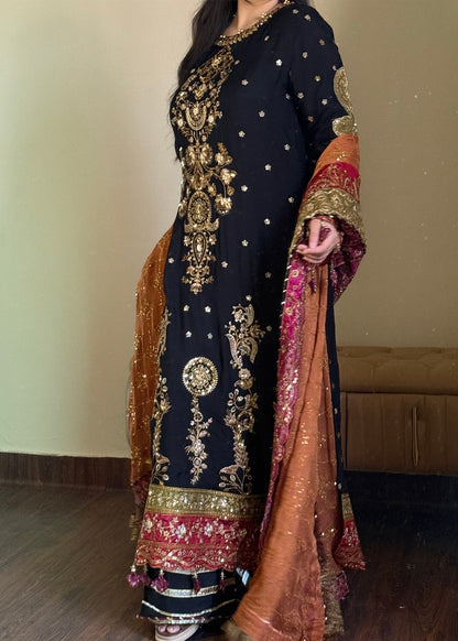 Pakistani Designer Black Chiffon Embroidered Salwar Kameez Online in KSA Riyadh Saudi Arabia Oman Bahrain Qatar