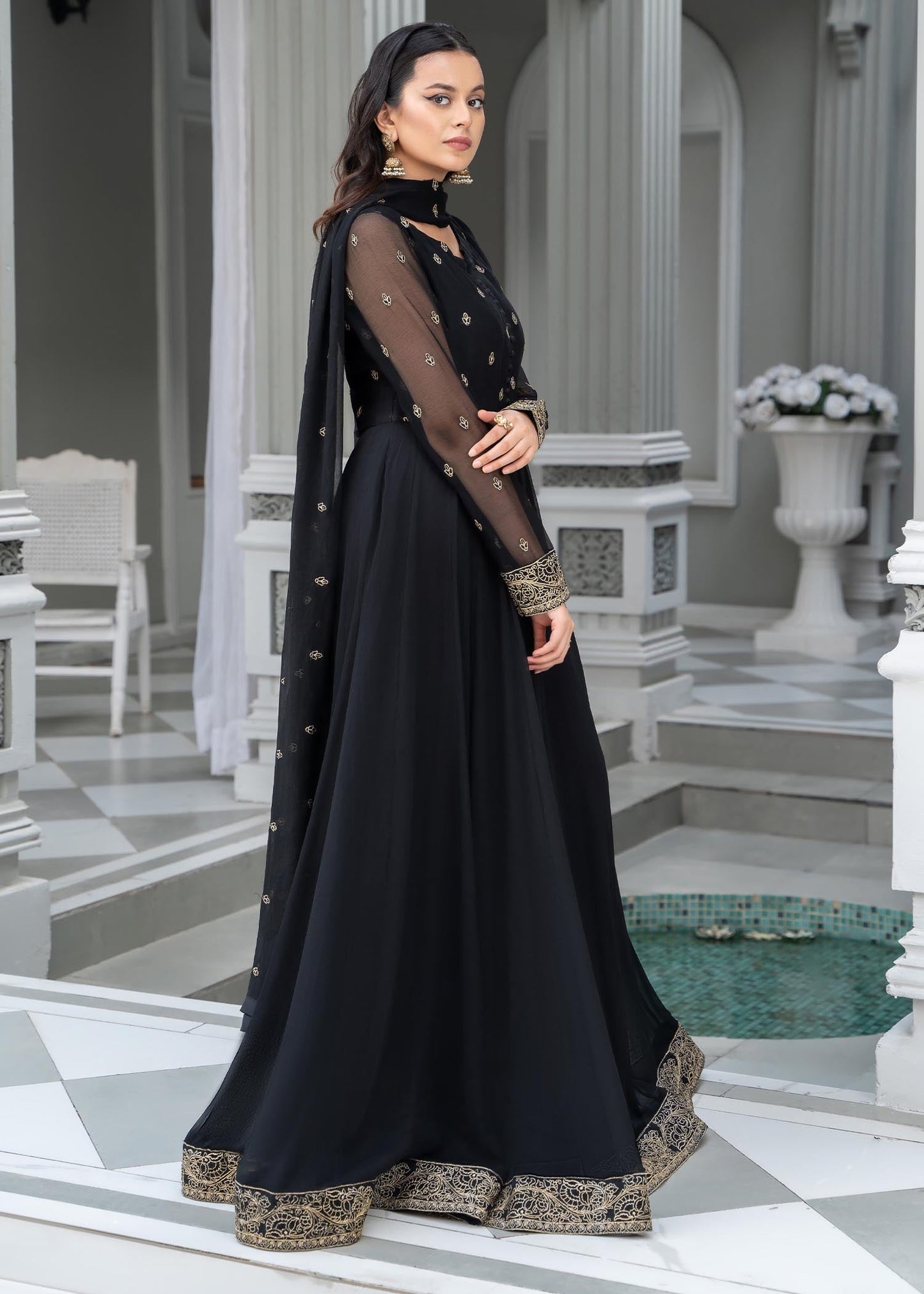 Pakistani Designer Black Chiffon Embroidered Suit Online in KSA Riyadh Saudi Arabia Oman Bahrain Qatar