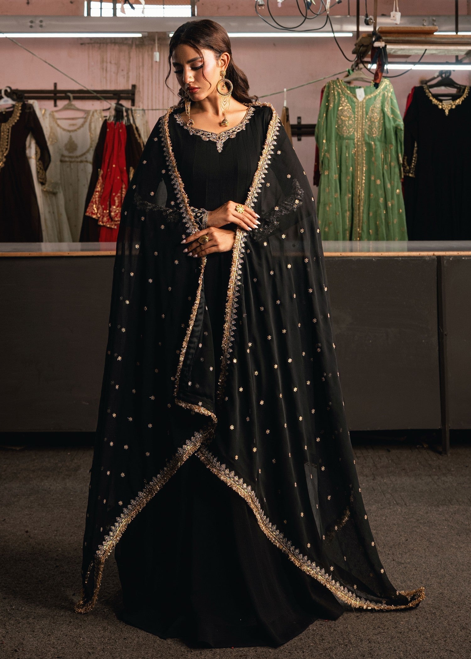 Pakistani Designer Black Chiffon Embroidered Suit Online in KSA Riyadh Saudi Arabia Oman Bahrain Qatar