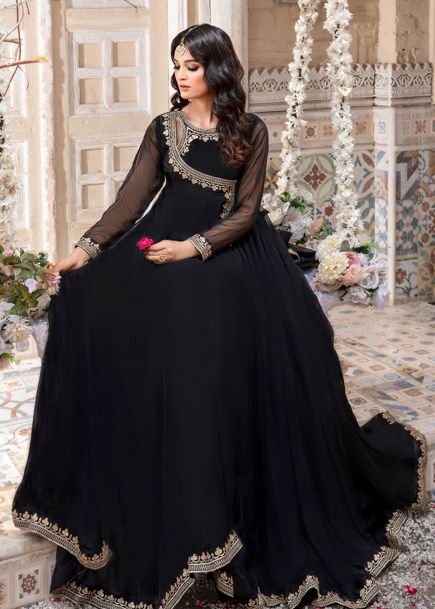 Pakistani Designer Black Chiffon Festive Wear Suit Online in KSA Riyadh Saudi Arabia Oman Bahrain Qatar