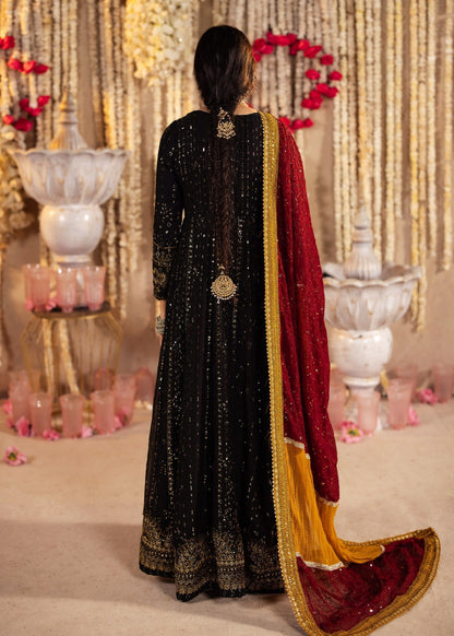 Pakistani Designer Black Chiffon Formal Anarkali Online in KSA Riyadh Saudi Arabia Oman Bahrain Qatar