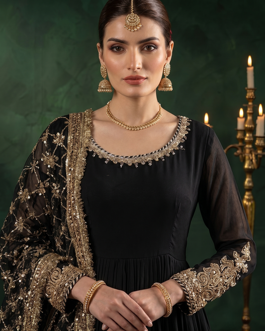 Pakistani Designer Black Chiffon Gotta Work Salwar Kameez Online in KSA Riyadh Saudi Arabia Oman Bahrain Qatar
