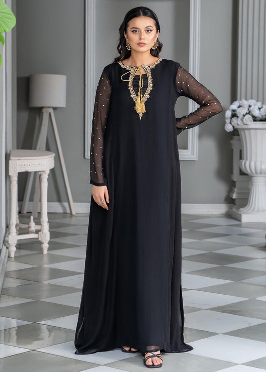 Pakistani Designer Black Chiffon Pishwas Salwar Kameez Online in KSA Riyadh Saudi Arabia Oman Bahrain Qatar