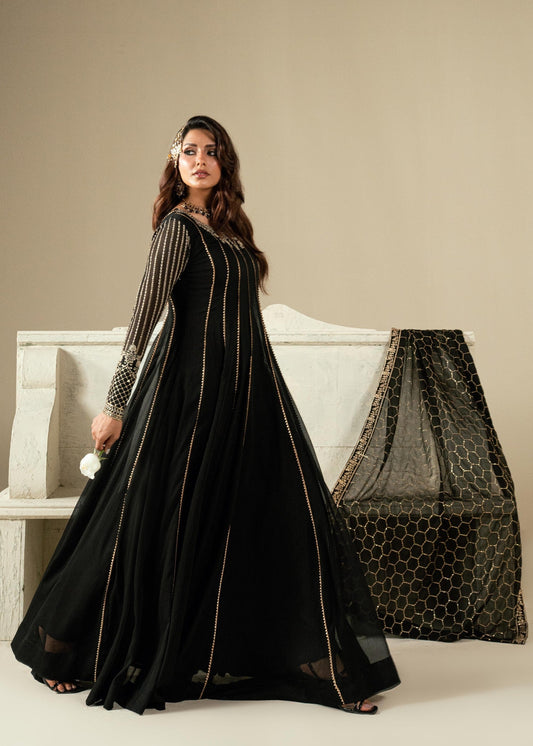 Pakistani Designer Black Chiffon Salwar Kameez Online in KSA Riyadh Saudi Arabia Oman Bahrain Qatar