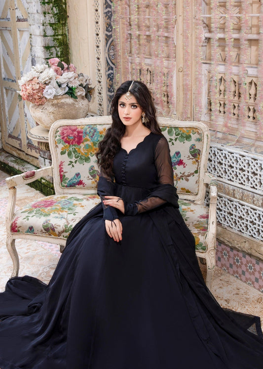 Pakistani Designer Black Chiffon Salwar Kameez Online in KSA Riyadh Saudi Arabia Oman Bahrain Qatar