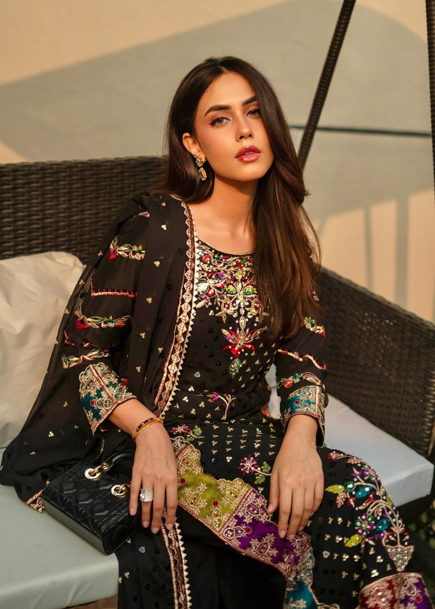 Pakistani Designer Black Chiffon Salwar Kameez Online in KSA Riyadh Saudi Arabia Oman Bahrain Qatar