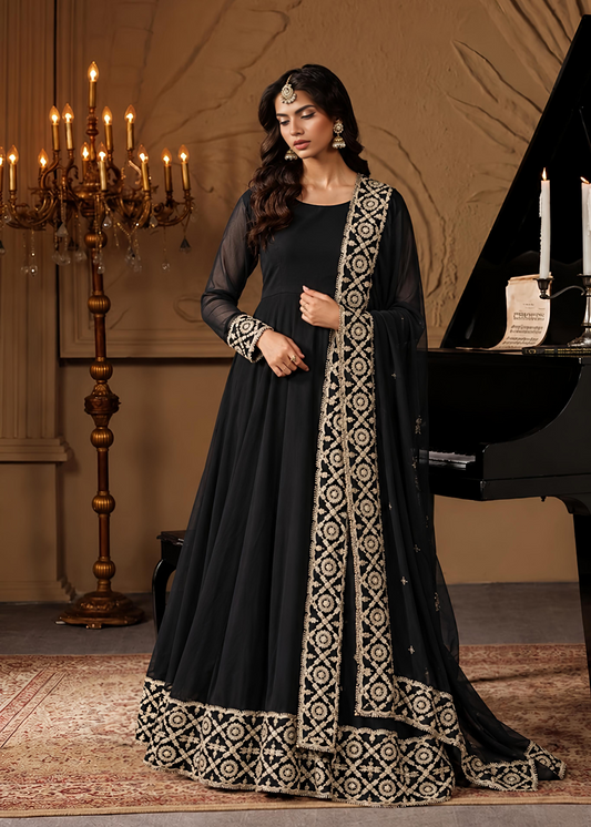 Pakistani Designer Black Chiffon Salwar Kameez Online in KSA Riyadh Saudi Arabia Oman Bahrain Qatar