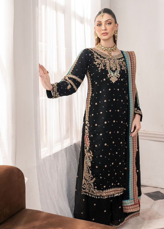 Pakistani Designer Black Chiffon Salwar Kameez Online in KSA Riyadh Saudi Arabia Oman Bahrain Qatar
