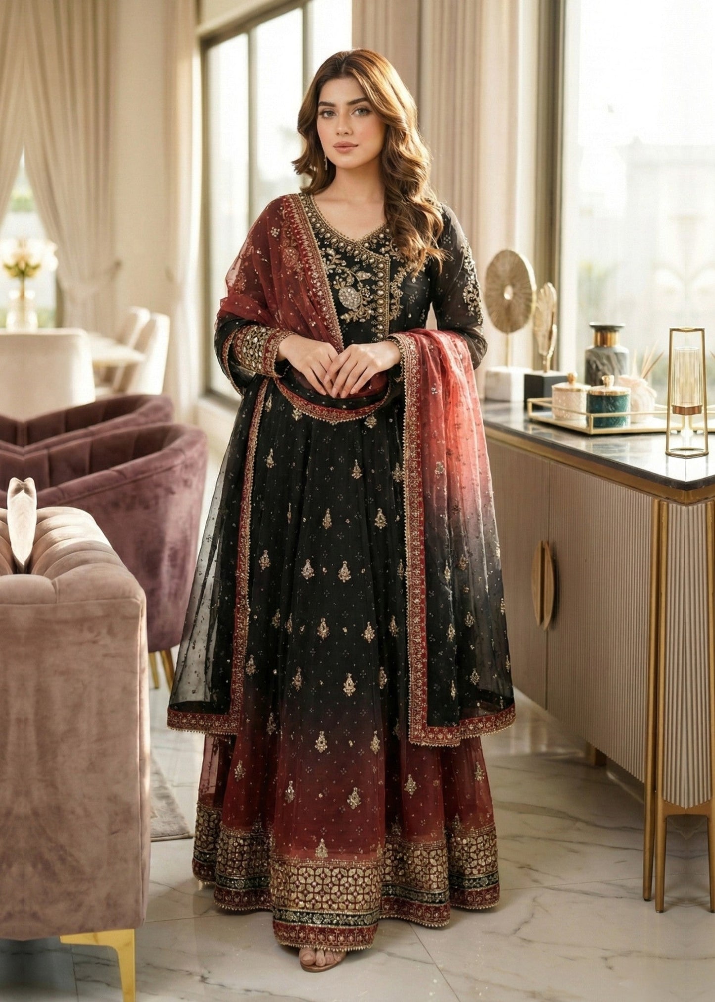 Pakistani Designer Black Chiffon Salwar Kameez Online in KSA Riyadh Saudi Arabia Oman Bahrain Qatar