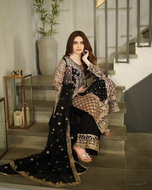 Black Embellished Chiffon Suit