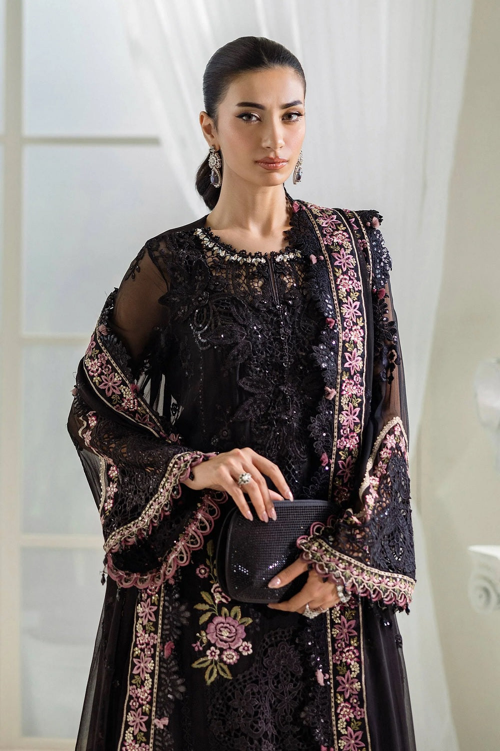 Pakistani Designer Black Chiffon Salwar Kameez with Embellishment Online in KSA Riyadh Saudi Arabia Oman Bahrain Qatar