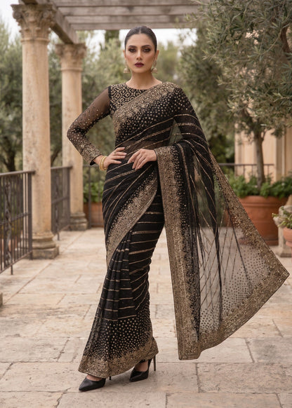 Pakistani Designer Black Chiffon Saree Online in KSA Riyadh Saudi Arabia Oman Bahrain Qatar