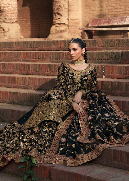 Pakistani Designer Black Chiffon Sharara Suit Online in KSA Riyadh Saudi Arabia Oman Bahrain Qatar