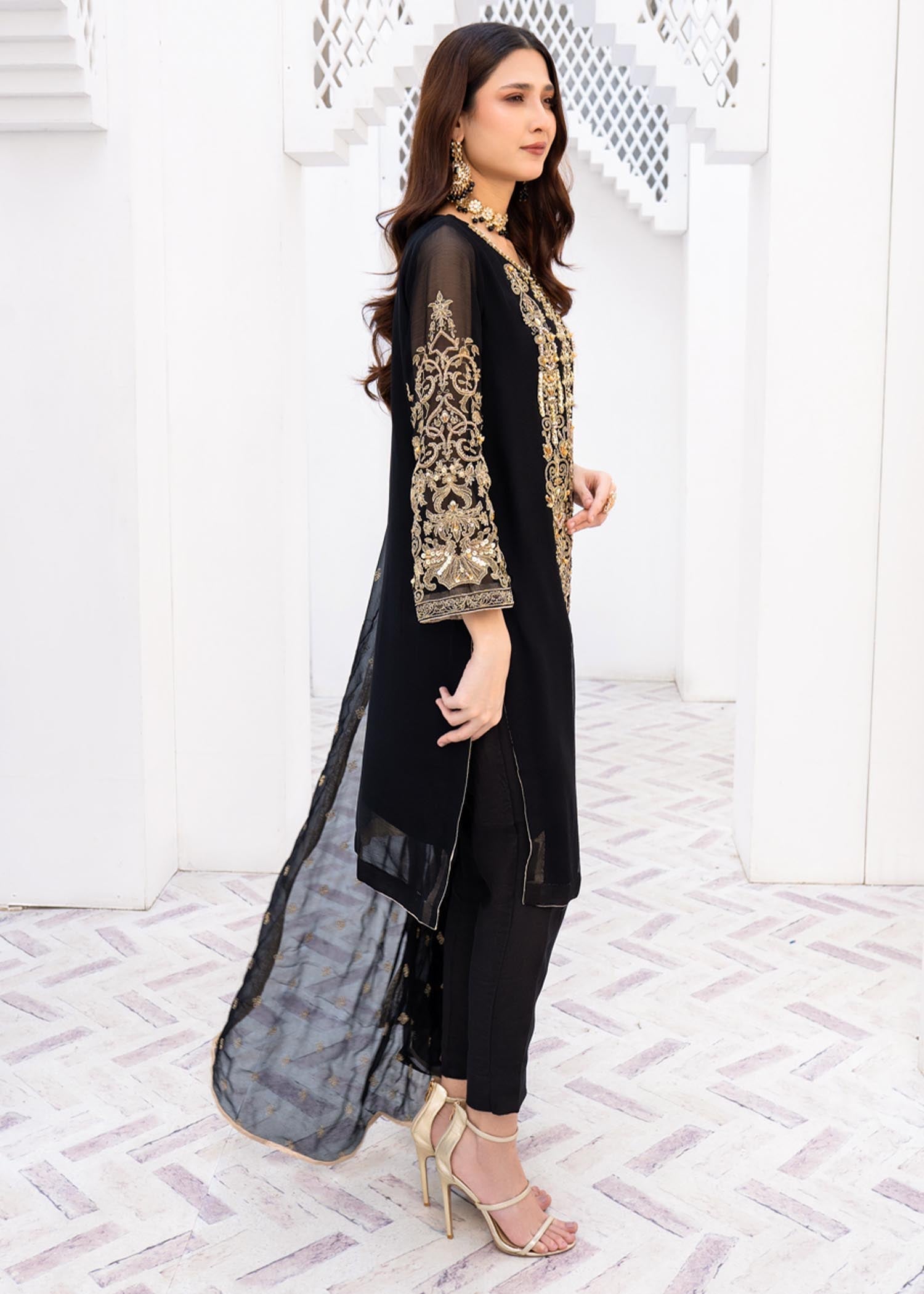 Pakistani Designer Black Chiffon Suit with Raw Silk Online in KSA Riyadh Saudi Arabia Oman Bahrain Qatar